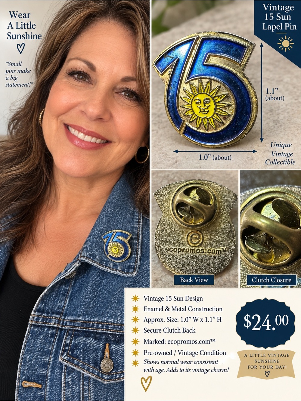 Vintage '15' Sun Enamel Lapel Pin - Blue & Gold